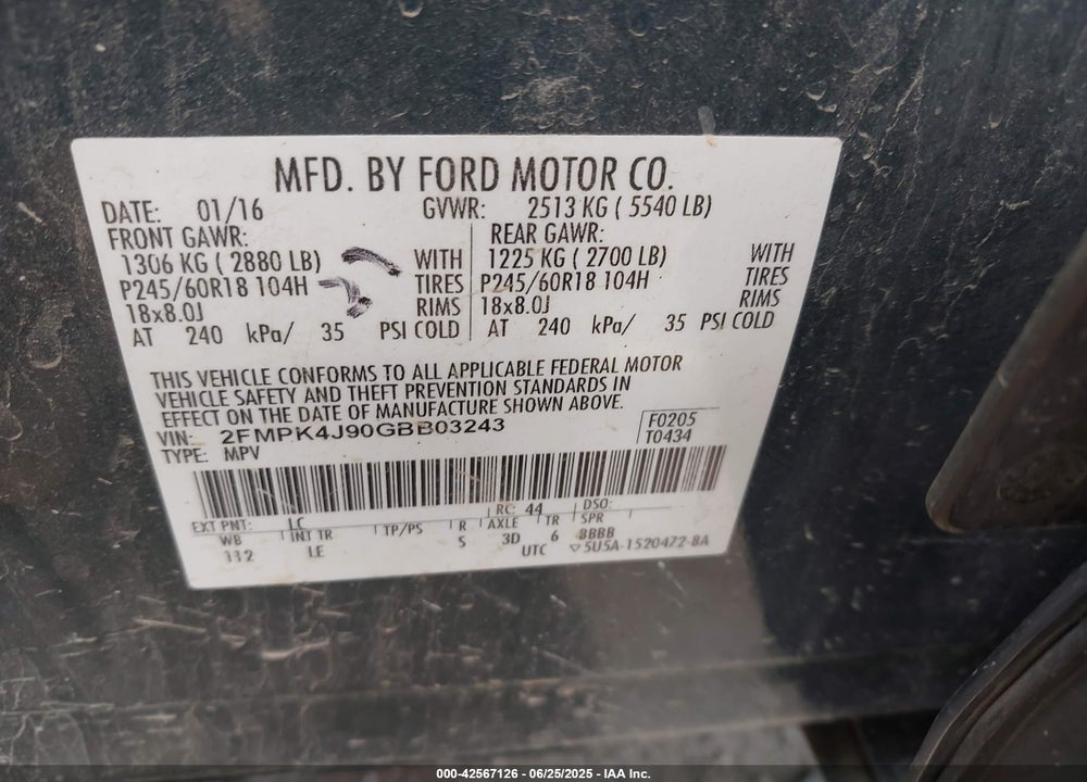 2016 FORD EDGE SEL VIN: 2FMPK4J90GBB03243