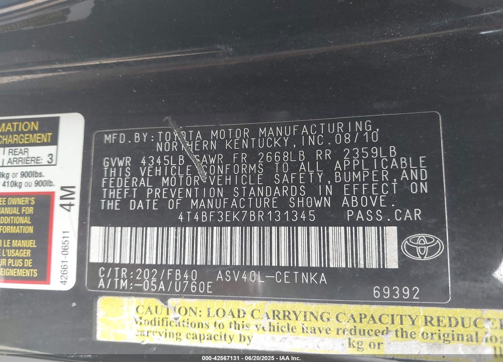 2011 TOYOTA CAMRY VIN: 4T4BF3EK7BR131345