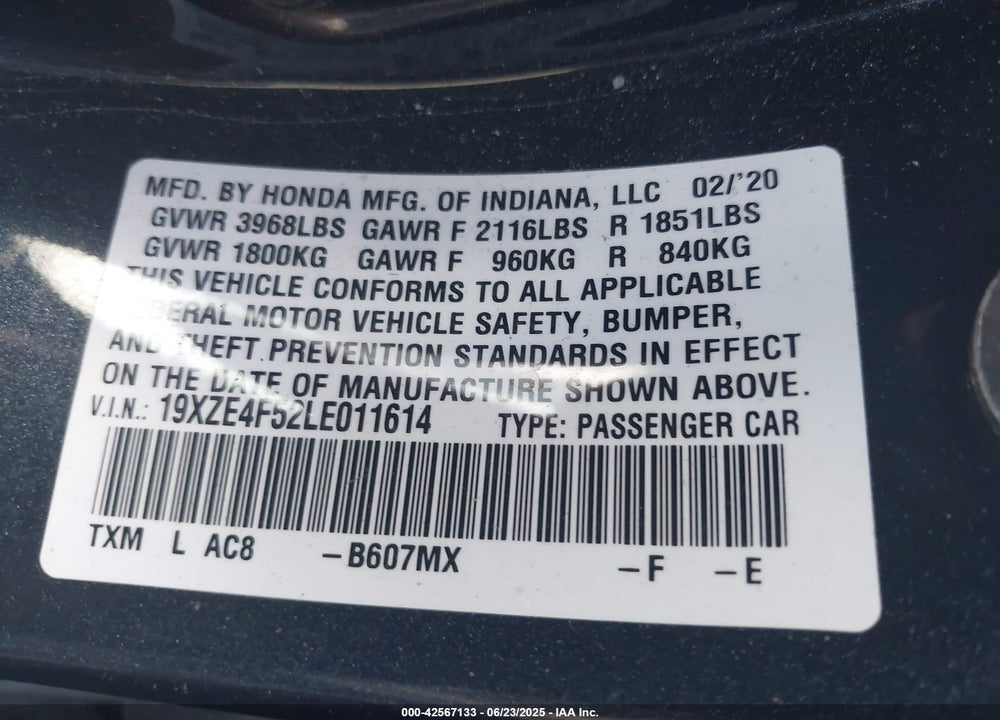 2020 HONDA INSIGHT VIN: 19XZE4F52LE011614