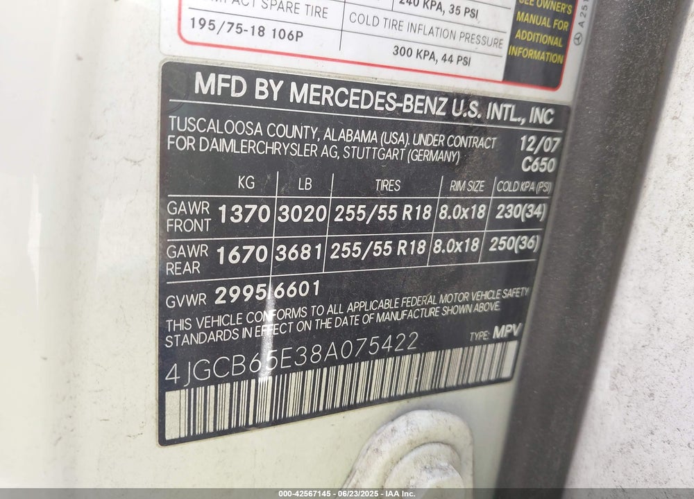 2008 MERCEDES-BENZ R 350 VIN: 4JGCB65E38A075422