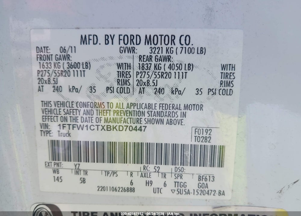 2011 FORD F-150 VIN: 1FTFW1CTXBKD70447