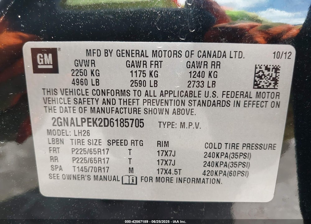 2013 CHEVROLET EQUINOX VIN: 2GNALPEK2D6185705