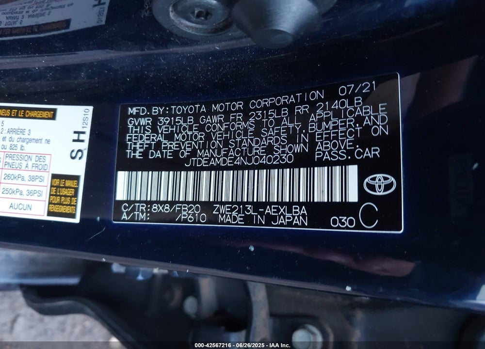2022 TOYOTA COROLLA VIN: JTDEAMDE4NJ040230