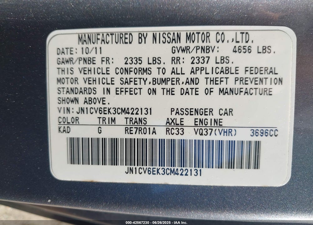 2012 INFINITI G37 VIN: JN1CV6EK3CM422131