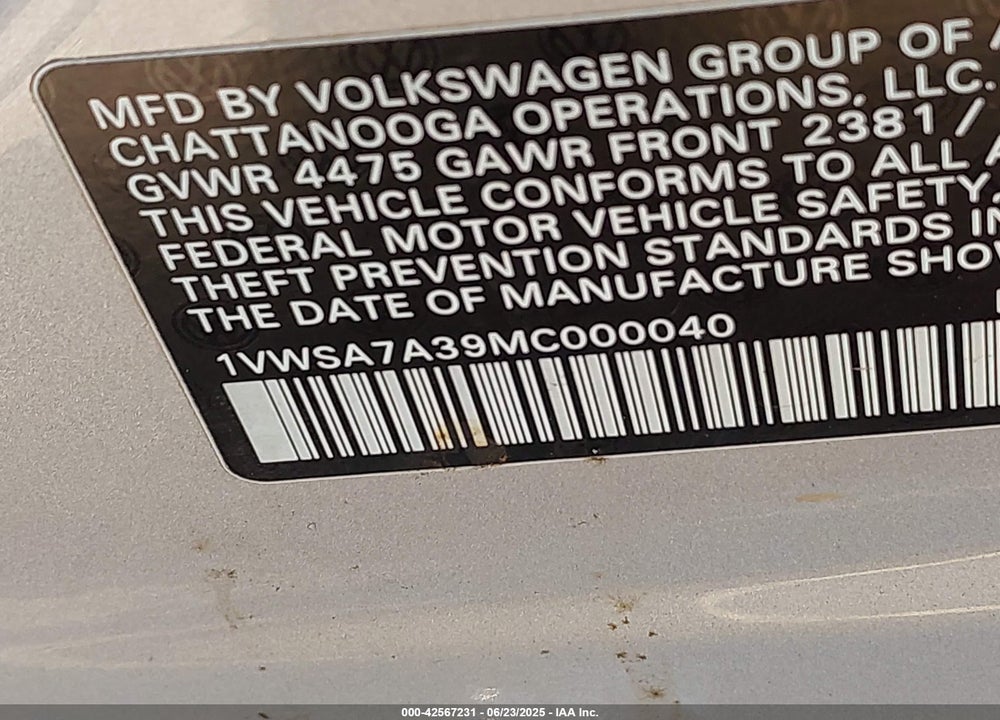 2021 VOLKSWAGEN PASSAT VIN: 1VWSA7A39MC000040