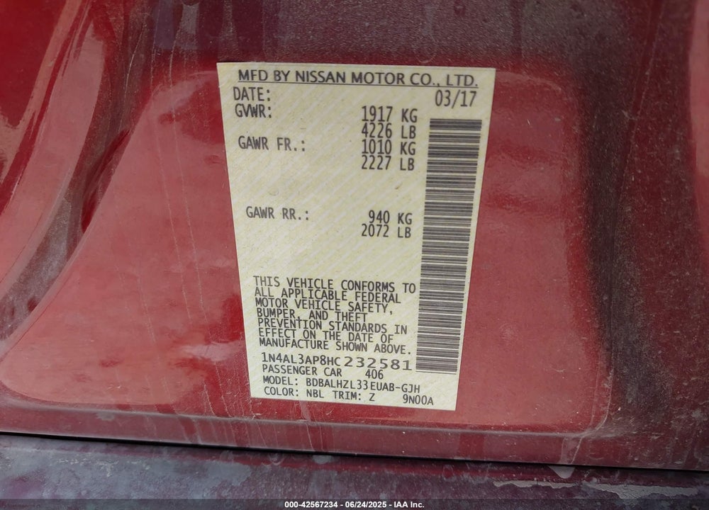 2017 NISSAN ALTIMA 2.5 SR VIN: 1N4AL3AP8HC232581