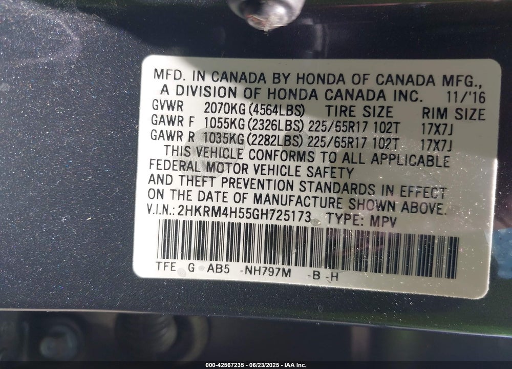 2016 HONDA CR-V VIN: 2HKRM4H55GH725173