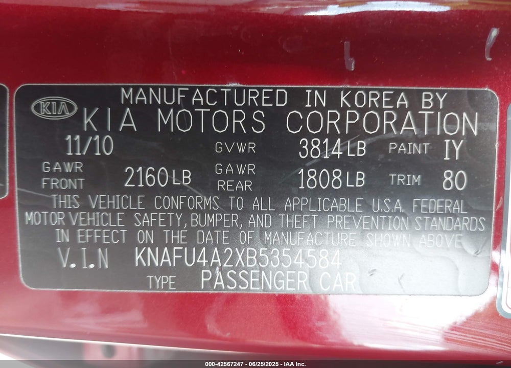 2011 KIA FORTE EX VIN: KNAFU4A2XB5354584