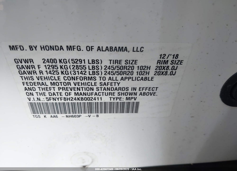 2019 HONDA PASSPORT VIN: 5FNYF8H24KB002411