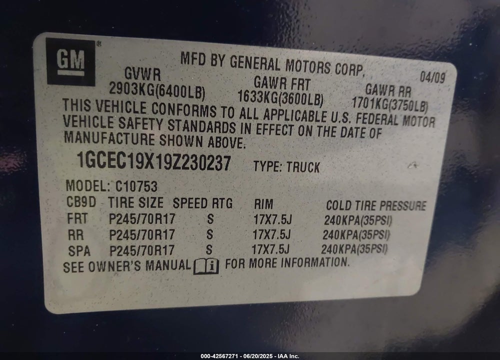 2009 CHEVROLET SILVERADO 1500 WORK TRUCK VIN: 1GCEC19X19Z230237