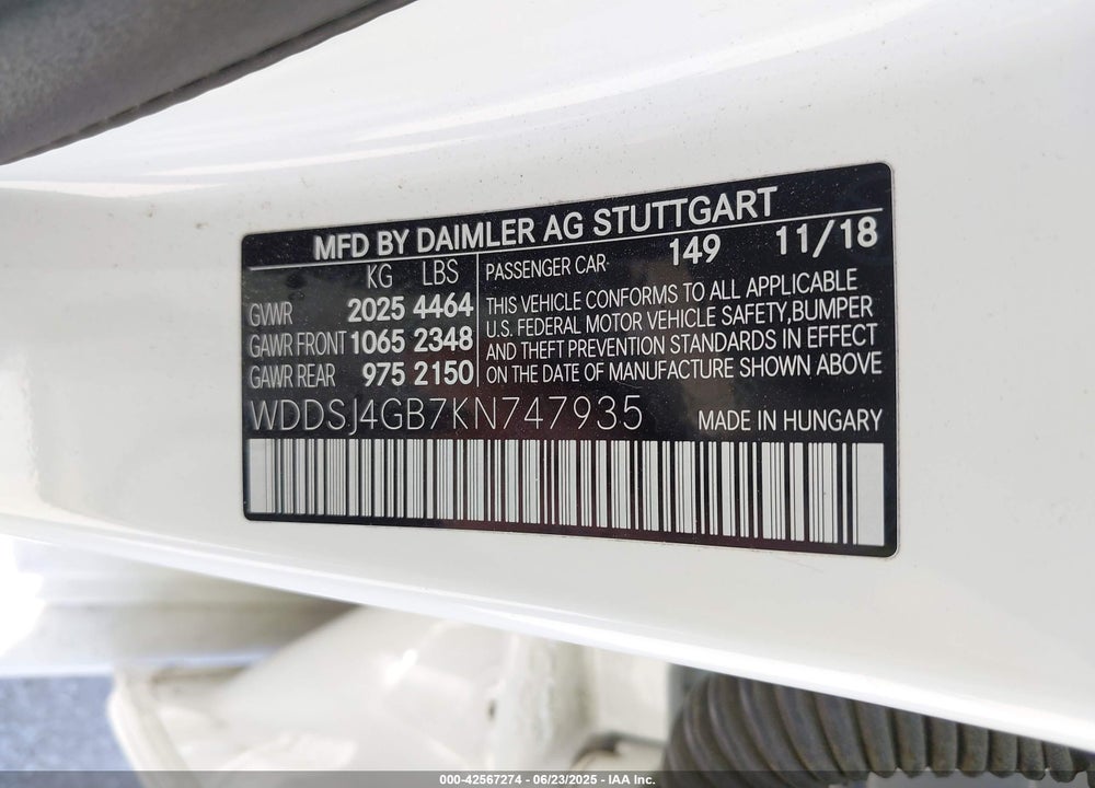 2019 MERCEDES-BENZ CLA-CLASS VIN: WDDSJ4GB7KN747935