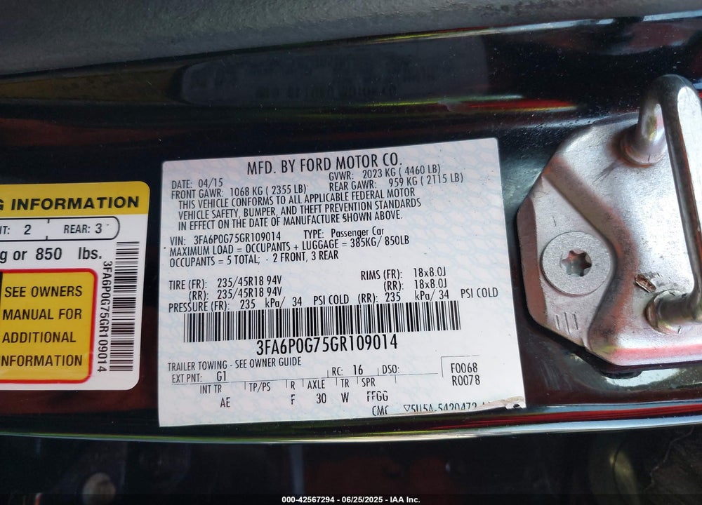 2016 FORD FUSION VIN: 3FA6P0G75GR109014