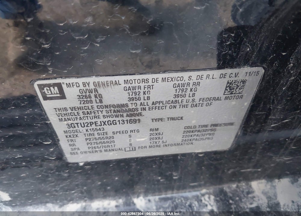 2016 GMC SIERRA 1500 DENALI VIN: 3GTU2PEJXGG131691