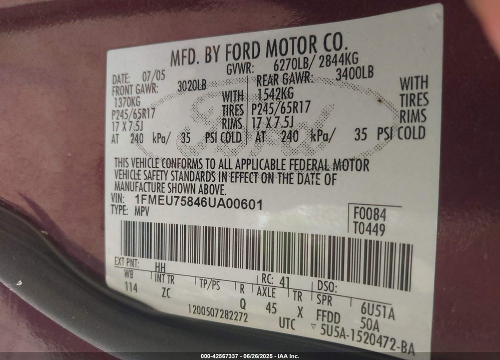 2006 FORD EXPLORER VIN: 1FMEU75846UA00601