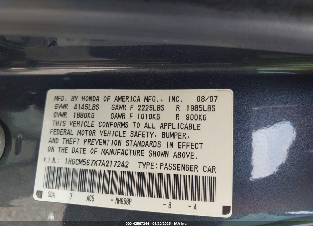 2007 HONDA ACCORD VIN: 1HGCM567X7A217242