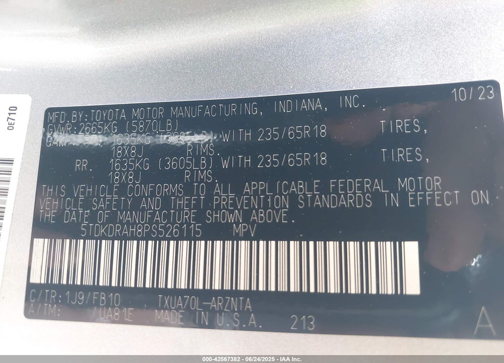 2023 TOYOTA HIGHLANDER VIN: 5TDKDRAH8PS526115