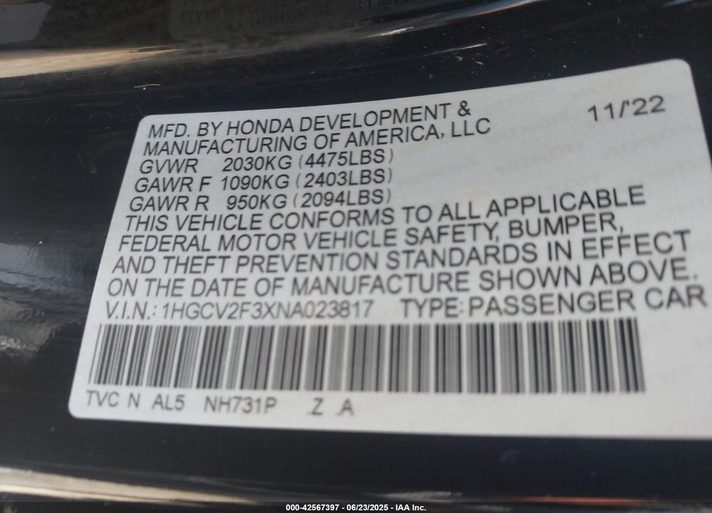 2022 HONDA ACCORD VIN: 1HGCV2F3XNA023817