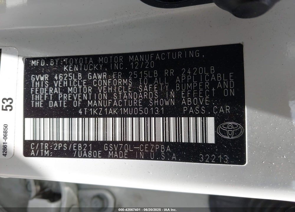 2021 TOYOTA CAMRY VIN: 4T1KZ1AK1MU050131