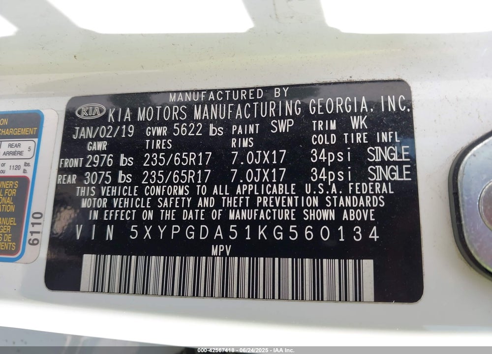 2019 KIA SORENTO VIN: 5XYPGDA51KG560134