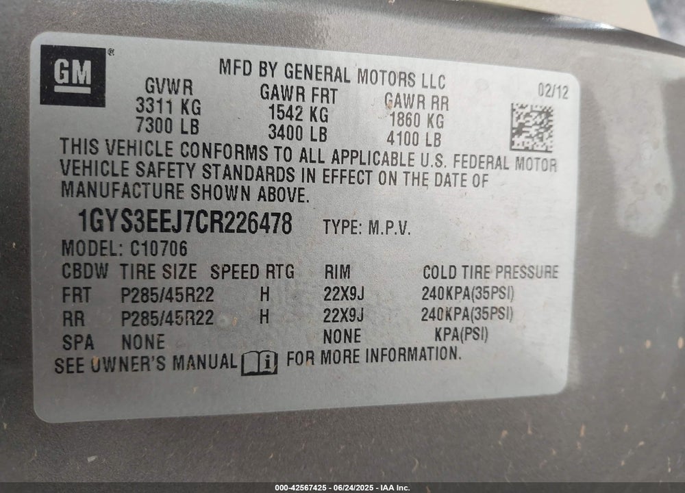 2012 CADILLAC ESCALADE VIN: 1GYS3EEJ7CR226478