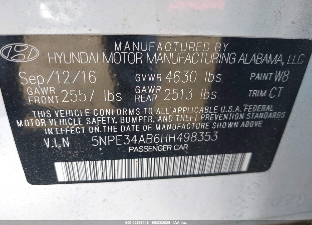 2017 HYUNDAI SONATA VIN: 5NPE34AB6HH498353