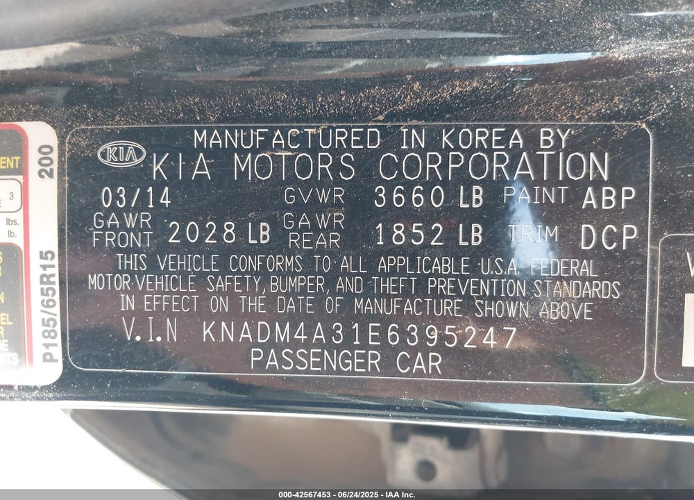 2014 KIA RIO VIN: KNADM4A31E6395247