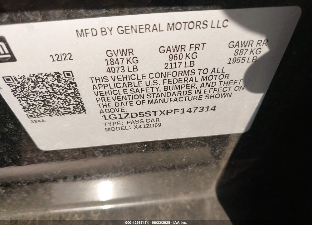 2023 CHEVROLET MALIBU VIN: 1G1ZD5STXPF147314