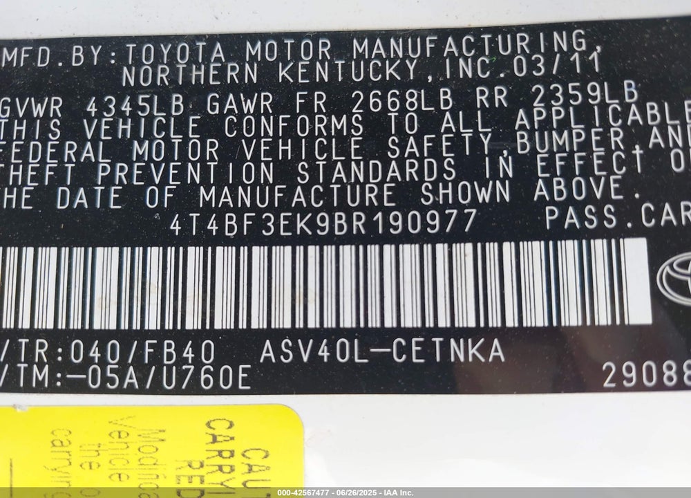 2011 TOYOTA CAMRY LE VIN: 4T4BF3EK9BR190977
