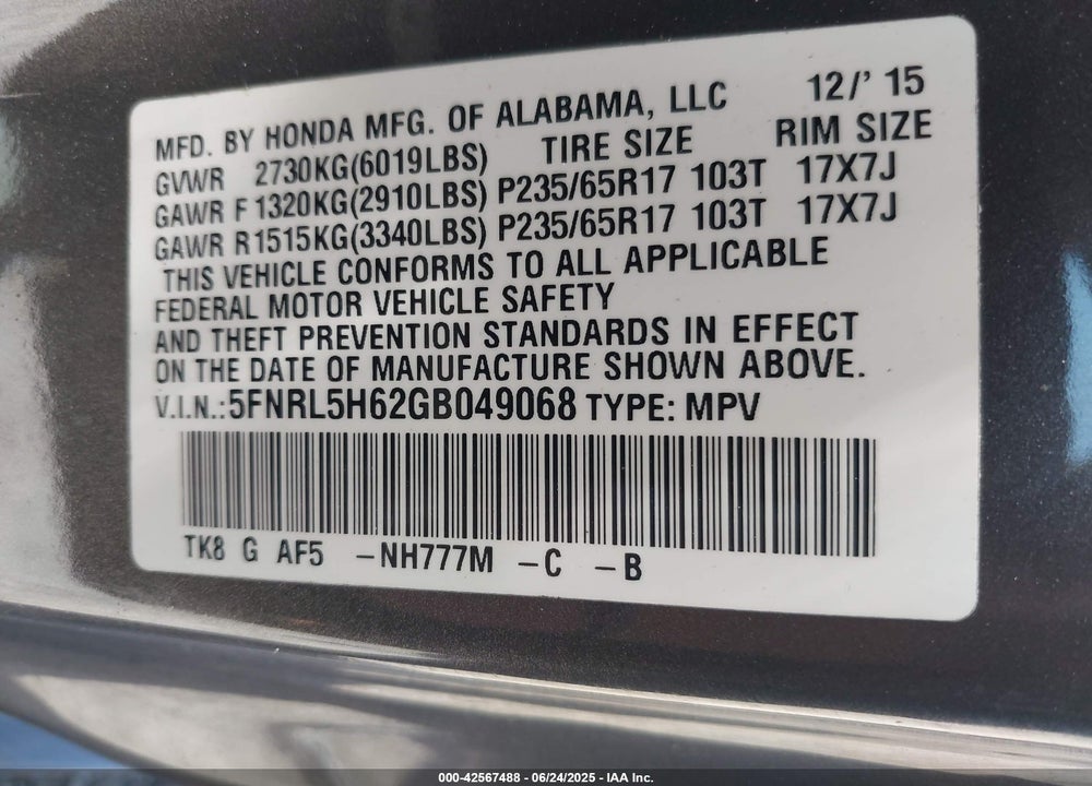 2016 HONDA ODYSSEY EX-L VIN: 5FNRL5H62GB049068