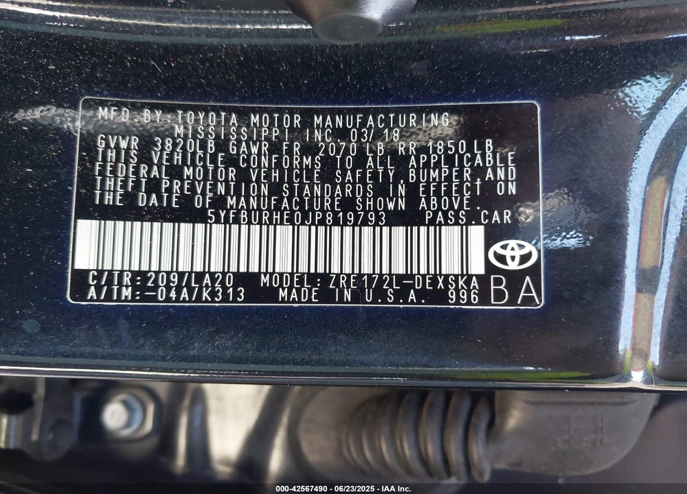 2018 TOYOTA COROLLA VIN: 5YFBURHE0JP819793