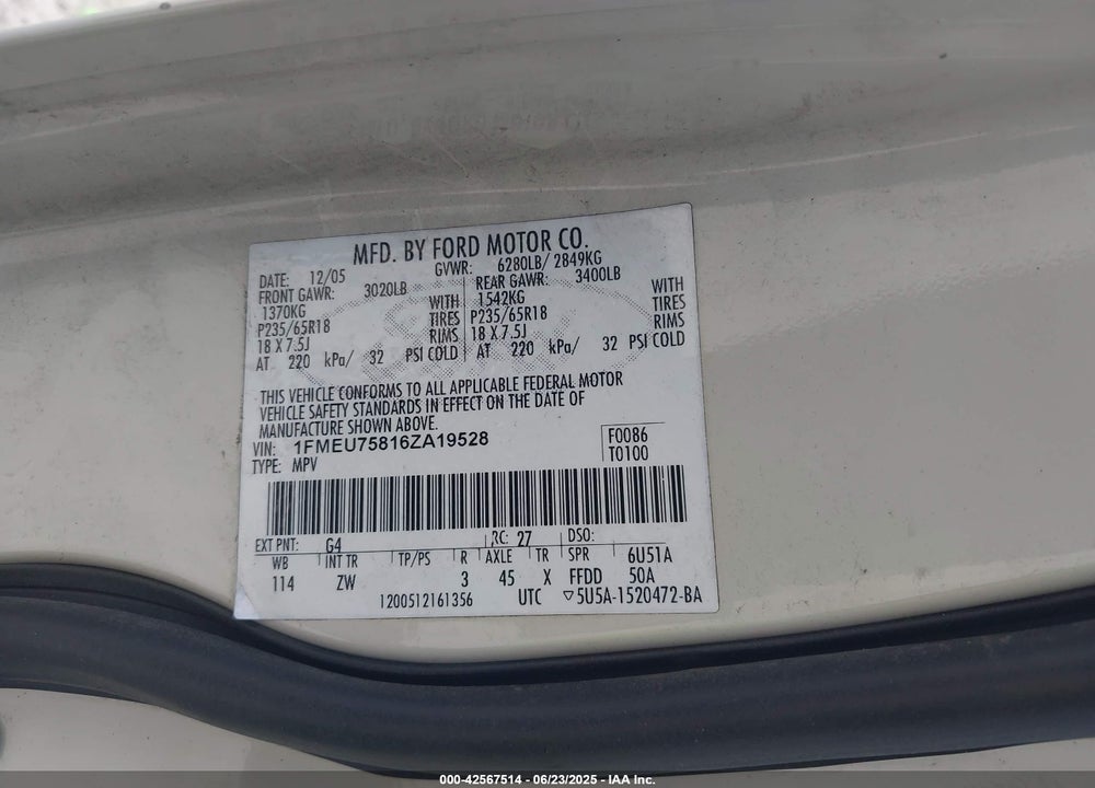 2006 FORD EXPLORER VIN: 1FMEU75816ZA19528