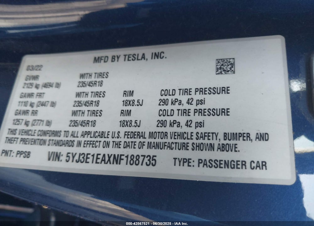 2022 TESLA MODEL 3 VIN: 5YJ3E1EAXNF188735