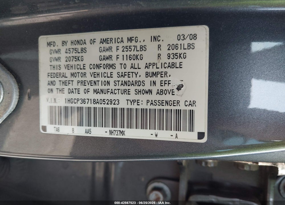 2008 HONDA ACCORD VIN: 1HGCP36718A052923