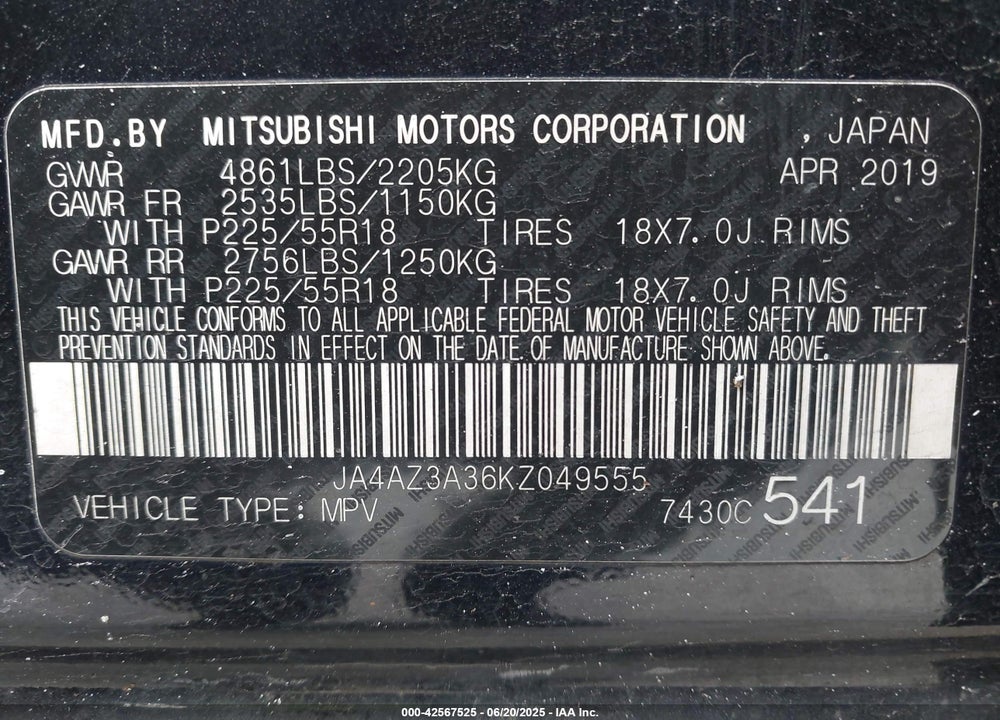 2019 MITSUBISHI OUTLANDER VIN: JA4AZ3A36KZ049555