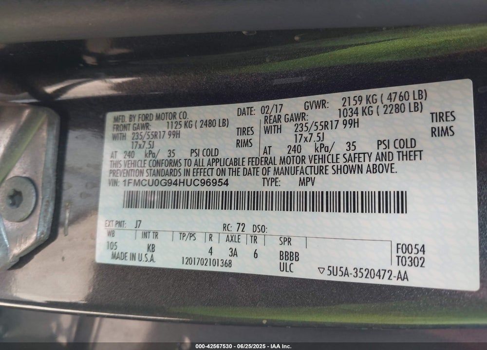 2017 FORD ESCAPE VIN: 1FMCU0G94HUC96954