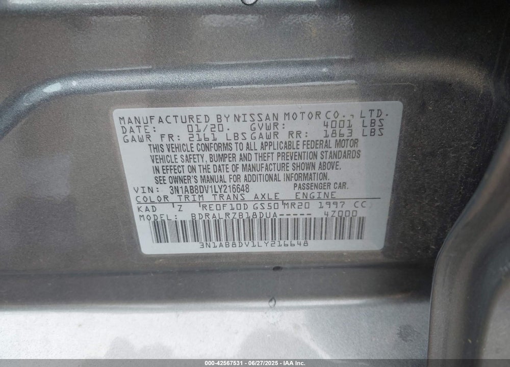 2020 NISSAN SENTRA VIN: 3N1AB8DV1LY216648