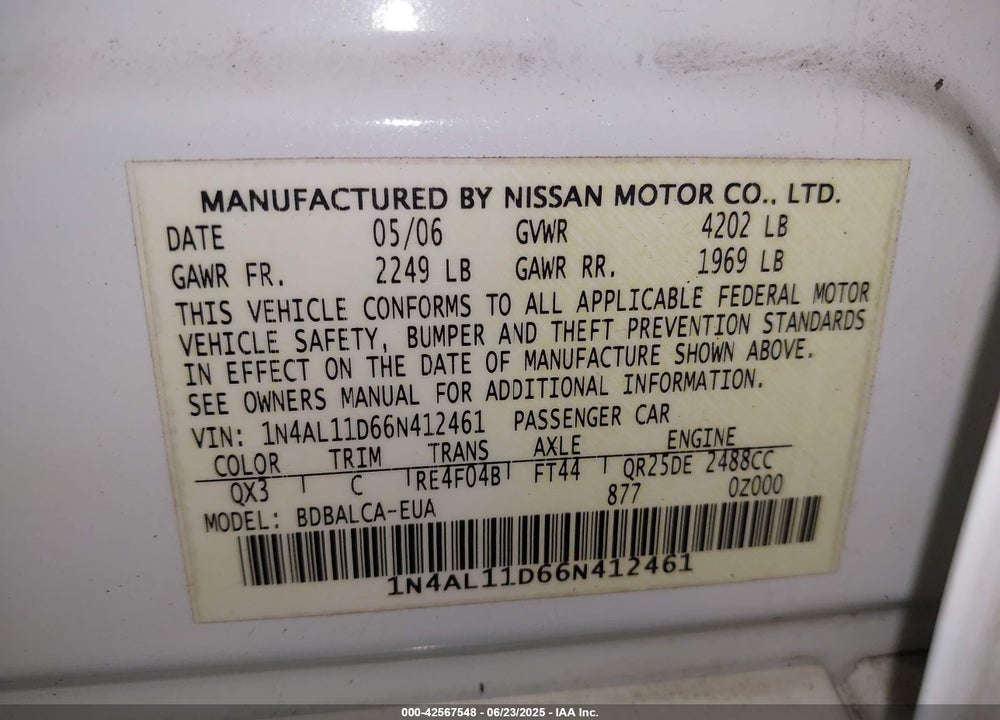 2006 NISSAN ALTIMA VIN: 1N4AL11D66N412461
