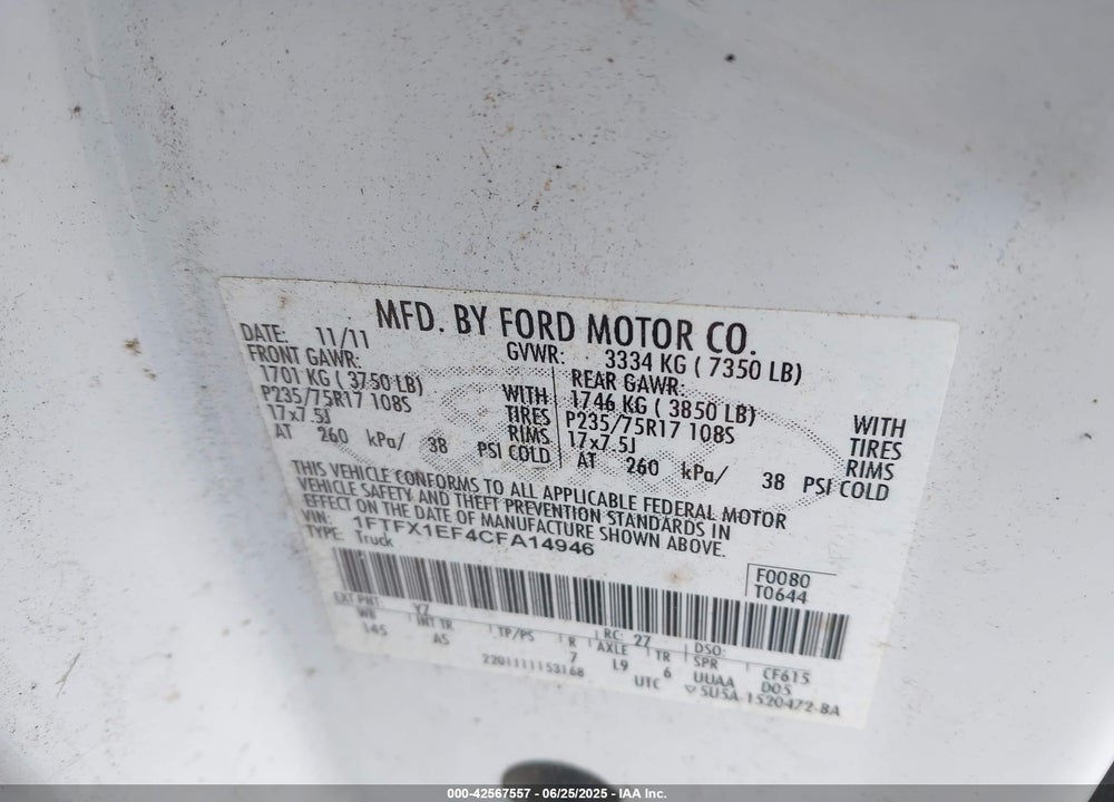 2012 FORD F-150 VIN: 1FTFX1EF4CFA14946