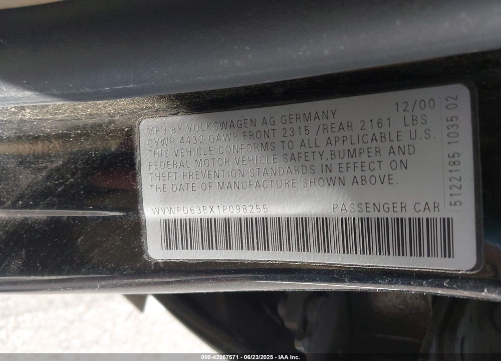 2001 VOLKSWAGEN PASSAT GLS VIN: WVWPD63BX1P098255