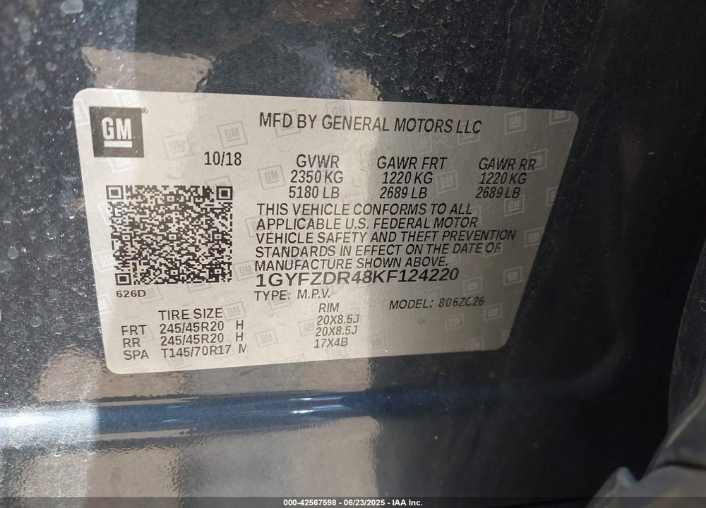 2019 CADILLAC XT4 VIN: 1GYFZDR48KF124220