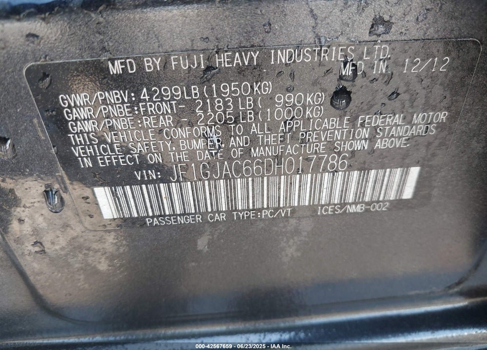2013 SUBARU IMPREZA VIN: JF1GJAC66DH017786
