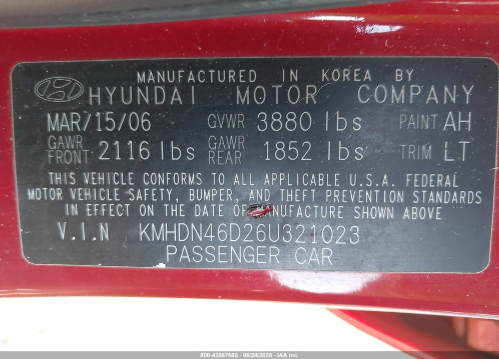 2006 HYUNDAI ELANTRA GLS/LIMITED VIN: KMHDN46D26U321023