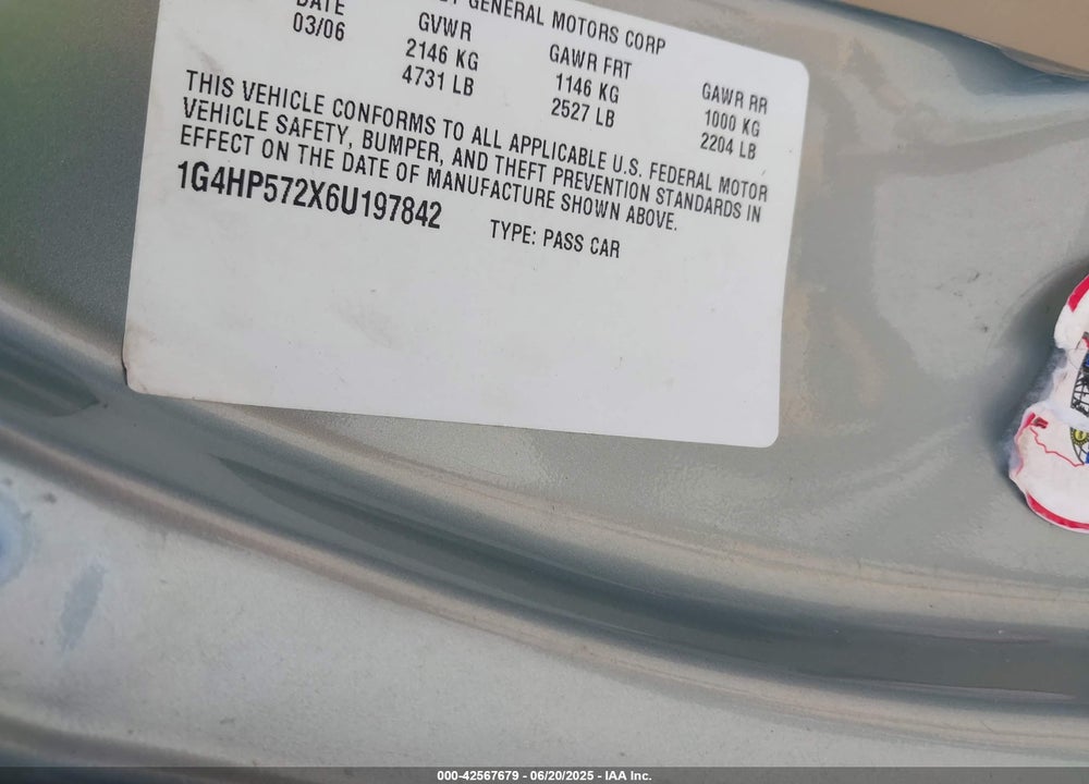 2006 BUICK LUCERNE CX VIN: 1G4HP572X6U197842