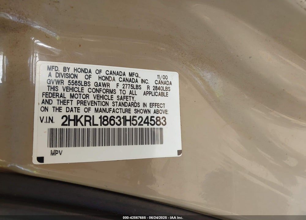2001 HONDA ODYSSEY EX VIN: 2HKRL18631H524583