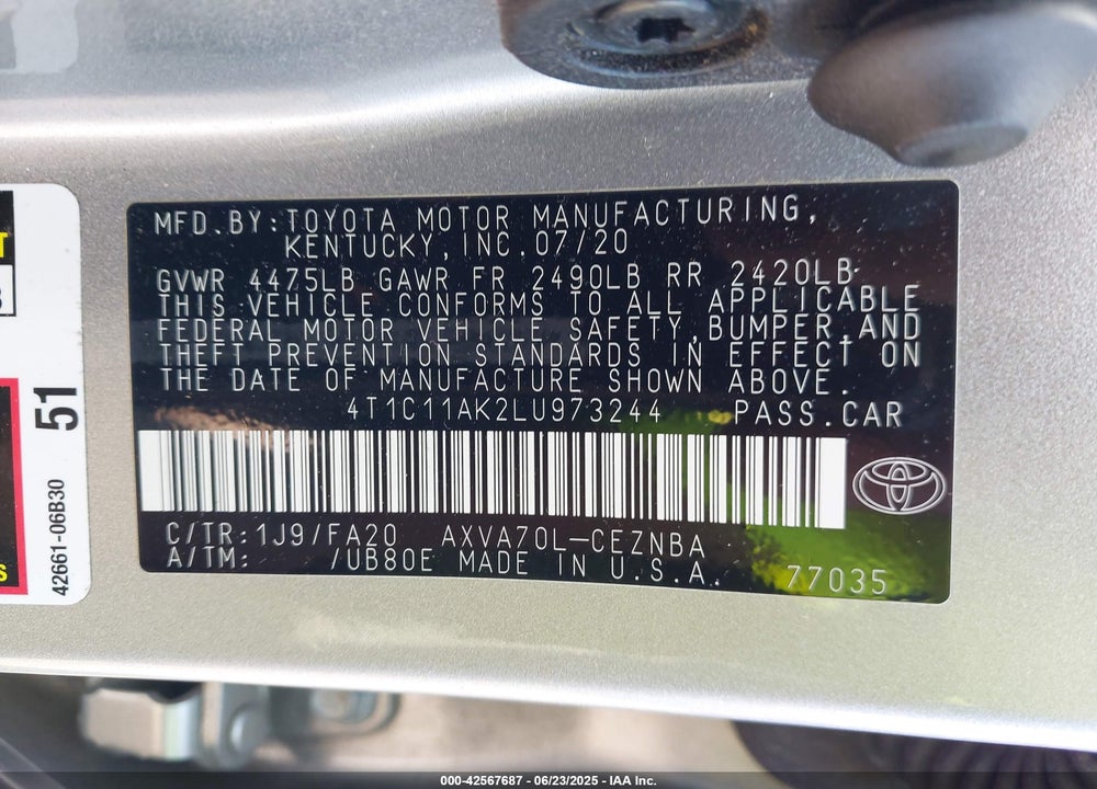2020 TOYOTA CAMRY VIN: 4T1C11AK2LU973244