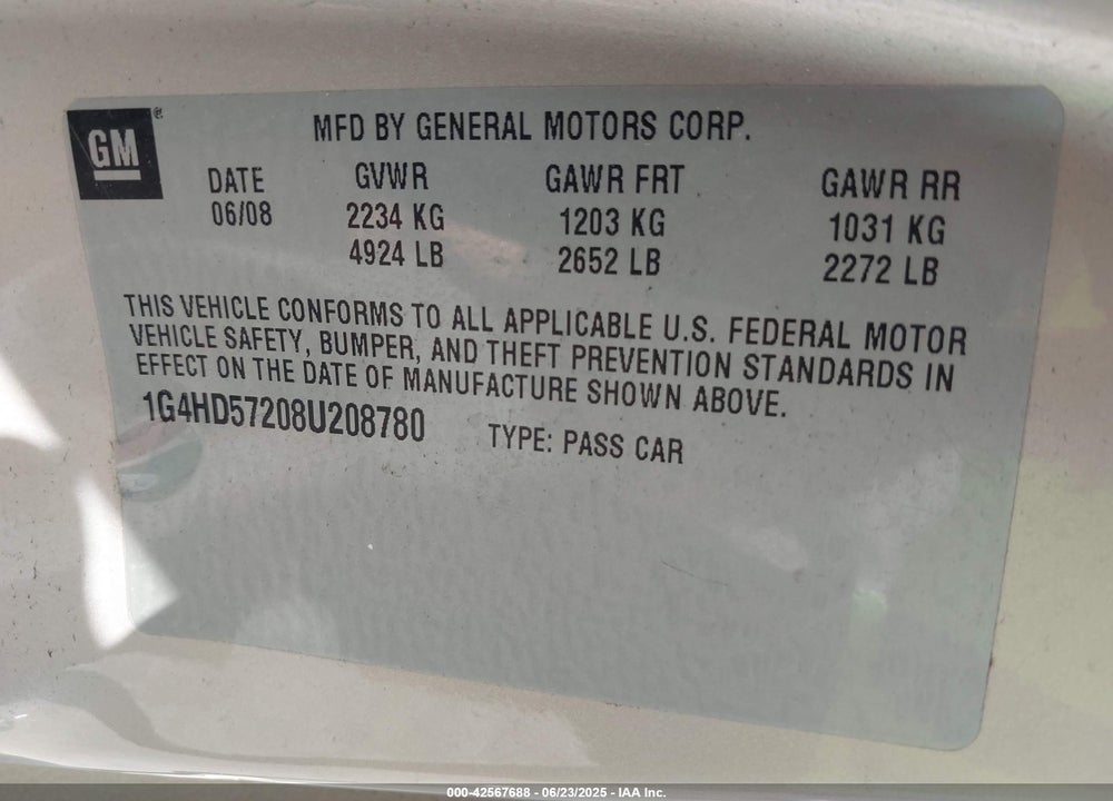 2008 BUICK LUCERNE CXL VIN: 1G4HD57208U208780