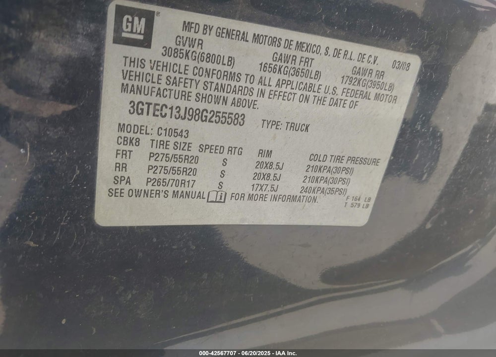 2008 GMC SIERRA 1500 VIN: 3GTEC13J98G255583