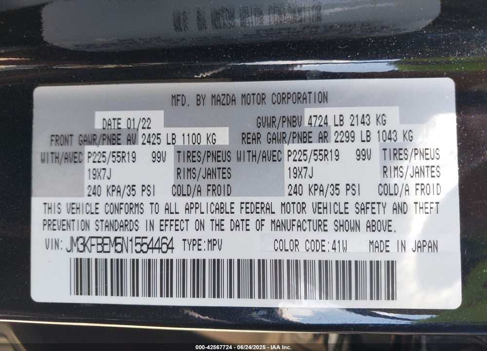 2022 MAZDA CX-5 VIN: JM3KFBEM5N1554464