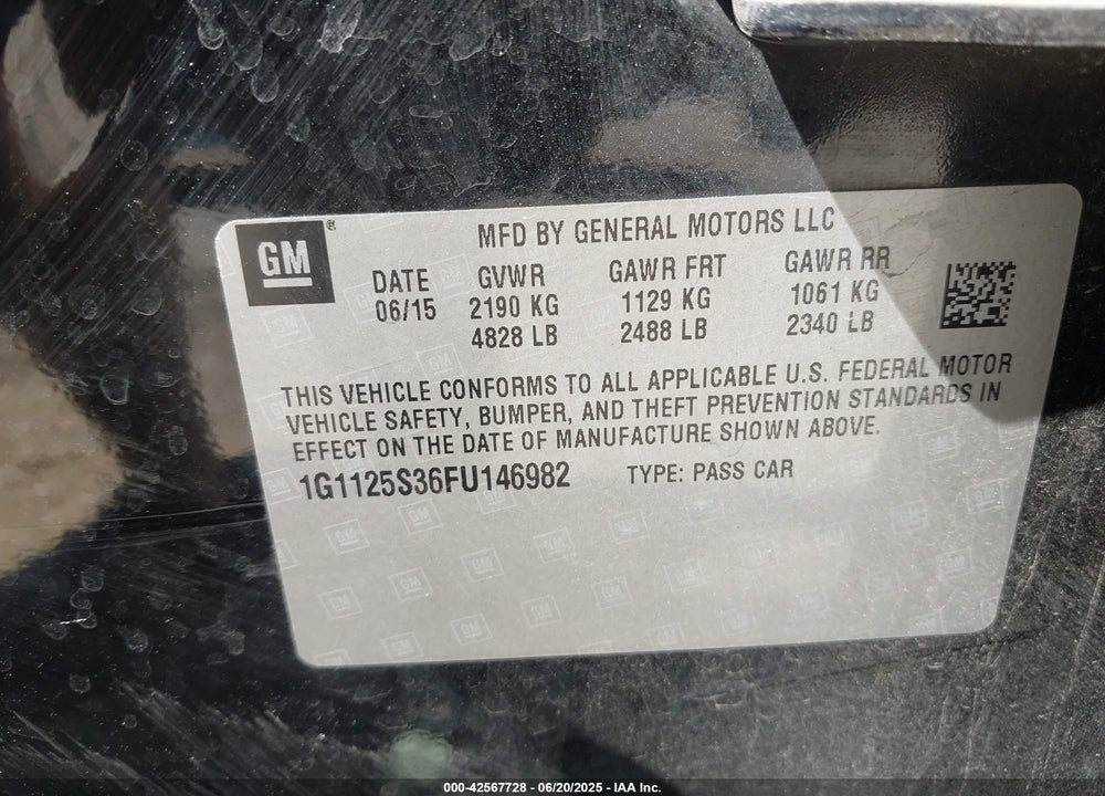 2015 CHEVROLET IMPALA 2LT VIN: 1G1125S36FU146982