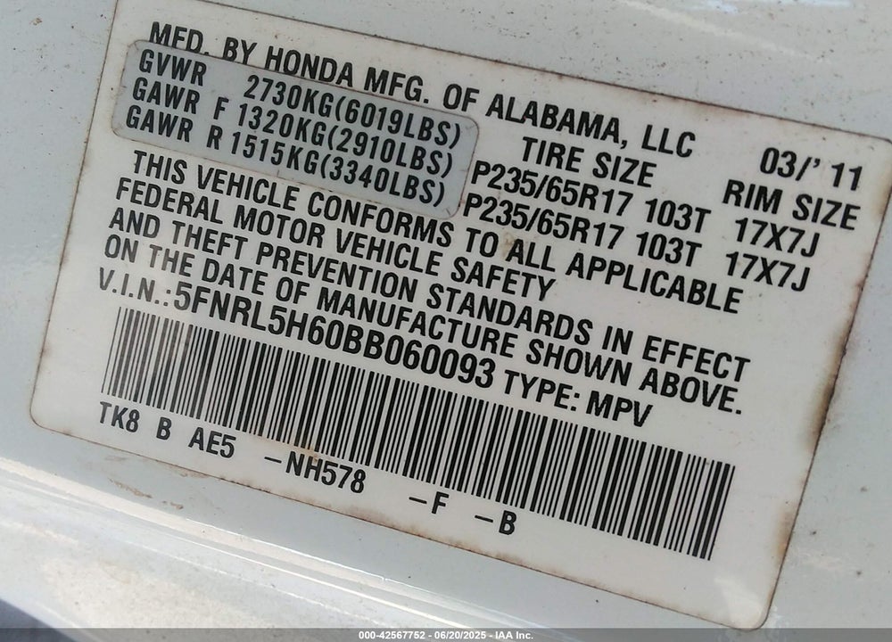 2011 HONDA ODYSSEY EX-L VIN: 5FNRL5H60BB060093